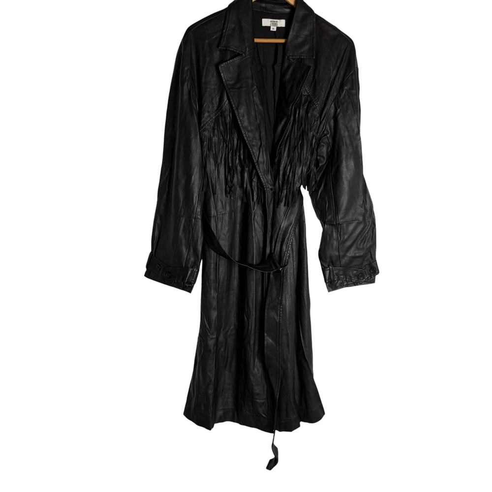 Jason Wu Black Vegan Faux Leather Fringed Tie Waist Long Trench Coat Size XL - Picture 7 of 16